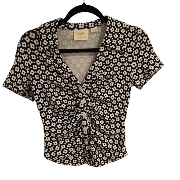 Maeve Brown and Black V-Neck Ruched Blouse - Picture 1 of 2